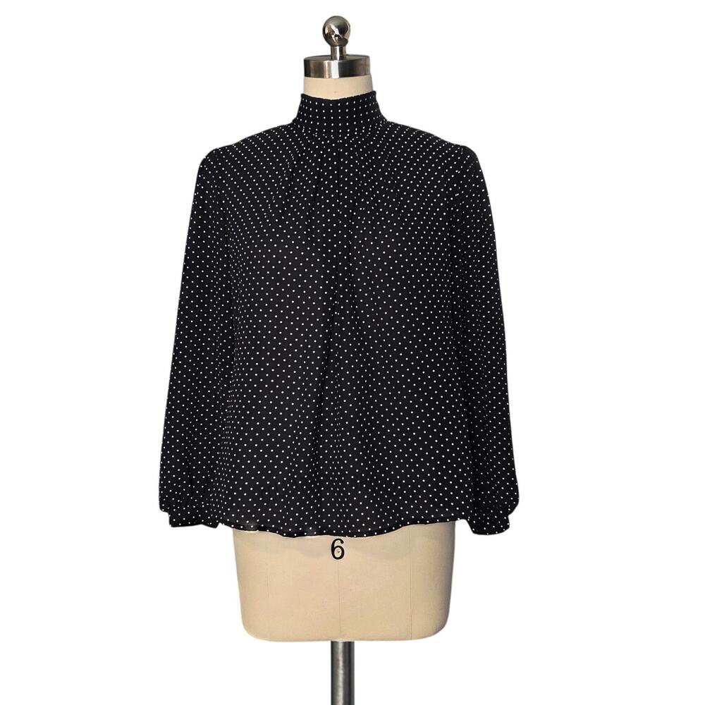 Vintage 80's 90's Petite Illustrations Black White Polka Dot Blouse Top 8 P